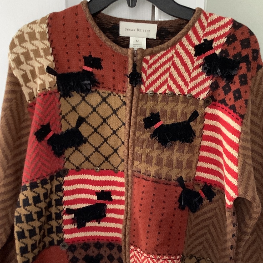 - Susan Bristol Sweater M. Scottie Terrier Dog Zip Front Sweater Knit Vint…